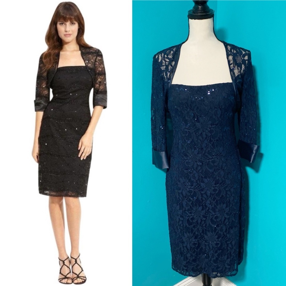 JS Collections 8 Navy Blue Lace Sequin Sheath Dress Bolero Crop Jacket 2 PC Set
